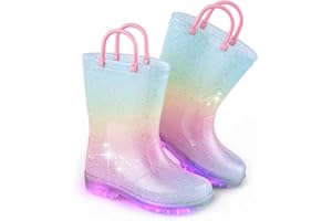EUXTERPA Toddler Kids Glitter Light Up Waterproof Rain Boots for Girls Sparkle Rainbow Rain Shoes with Easy On Handles