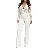 CHICME Womens Floral Lace Jumpsuit 2026 Deep V-Neck Casual Long Sleeve Ovearalls with Belt Pant Side Pockets