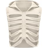 CsunYuk Unisex Oversized Skeleton Hoodie Men Cropped Sleeveless Sweatshirt for Women Goth Halloween Costume Skull Hooded Vest