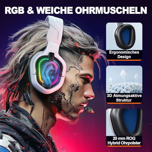 Krysenix PG2 RGB Gaming Headset für PS4, PS5, PC, Xbox,Switch,Ps5 Gaming Headset mit Mikrofon, Over-Ear Kopfhörer,Ps4 Kopfhörer mit 3,5mm Klinke,Azurblau Weiß thumbnail 2