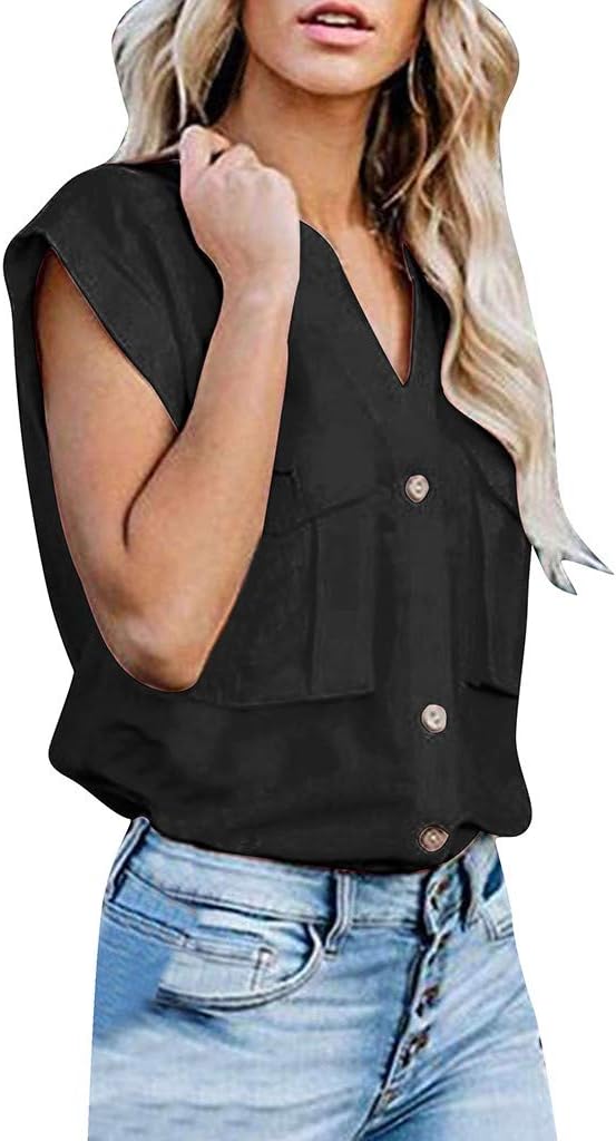 LEKODE Women T-Shirt Fashion V-Neck Solid Short Sleeve Tops