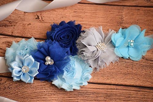 Flower Sash, light blue, royal navy and grey Sash , flower Belt, maternity sash
