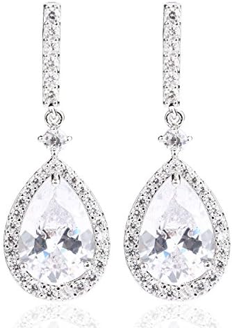 18k White Gold Plated White Cubic Zirconia Teardrop Drop Earrings