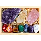 Premium Grade Crystals and Healing Stones in Wooden Display Box - 7 Tumbled Chakra Gemstones, Amethyst Crystal, Rose Quartz, Quartz Crystal Point + Guide & Instructions - Gift Kit
