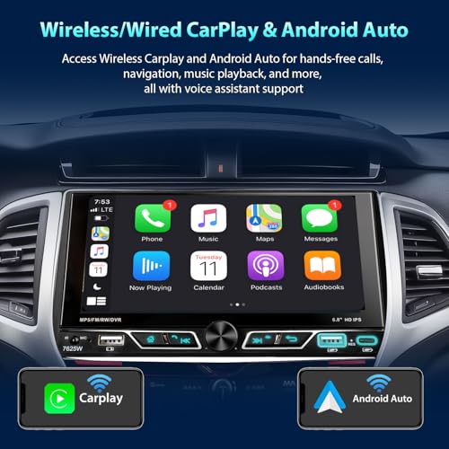 Alondy 2 Din Car Radio with 6.8 Inch Touch Screen Compatible with Wireless Apple CarPlay/Android Auto Bluetooth Rear View Camera AM/FM RDS Radio Type-C USB Quick Charge 2.1A