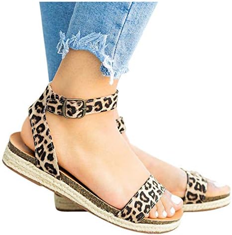 Women's Leopard Print Flats Open Toe Ankle Strap Buckle Sandals Thick-Soled Cork Slippers