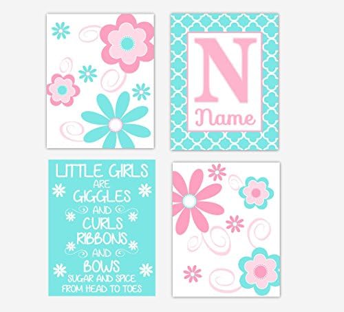 Baby Girl Nursery Art Pink Teal Flowers Personalized Giggles and Curls Baby Nursery Decor SET OF 4 UNFRAMED PRINTS