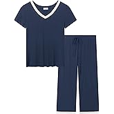 Joyaria Womens Pajama Sets Short Sleeve and Capri Pants Soft Bamboo Viscose 2 Pieces Sleepwear Lounge Set