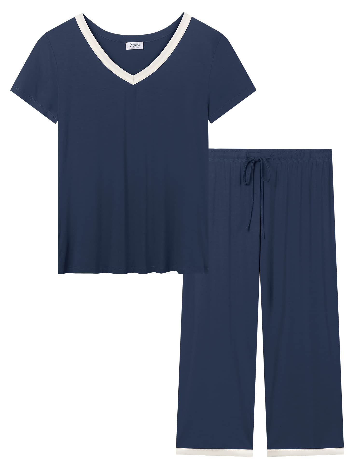 Ladies Pajama Sets Summer Bamboo Short Sleeve V-neck Tops + Satin Trim Capri Pants (Navy Blue, Medium)
