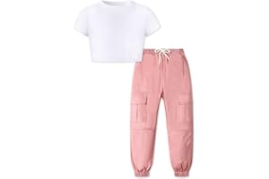 Betusline Girls & Women 2 Piece Outfits, Short Sleeve Crop Top Cargo Pants Trendy Clothing Sets, 4T- Women XL