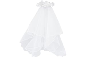 Double-Layered White First Holy Communion Veil With Floral Design And Silver Sequins, 23.6 Length, For Girls 7-16