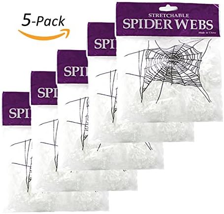 MoModer Halloween Spider Webs Decorations Super Stretch Spider Web With Plastic Spiders White 5 Pack