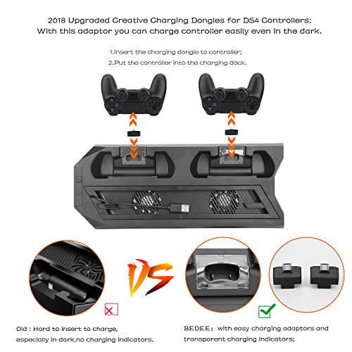PS4 Slim / PS4 Pro Vertical Stand Charger with Cooling Fans Dual Controllers Charging Station, USB HUB for Sony PlayStation 4 Slim / Pro Game Console Dualshock4 BEDEE Upgraded ( Not for Regular PS4)