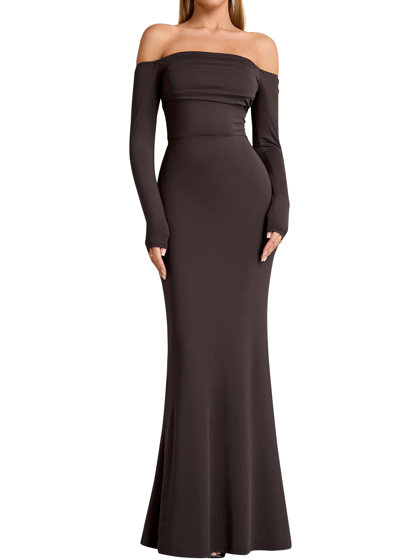 Photo 1 of KUTUMAI Off Shoulder Tie Formal Wedding Guest Dresses for Women Fall Long Sleeve Bodycon Lace Up Maxi Dress Brown M