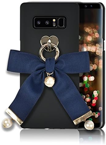 Galaxy Note 8 Case [HandMade Stripe Ribbon Series] Silky SF Coating Hard PC [Detachable Ring, Ivory Faux Pearl] Ultra Slim, Light Weight, Samsung galaxy Note 8 Cover (Navy)