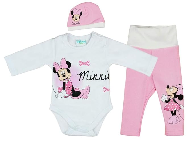 Disney Baby Mädchen Minnie Mouse 3-Teiler Set, Baby Outfit warm und dick, Langarm Baby-Body Baby-Mütze Baby-Hose Gr 56 62 68 