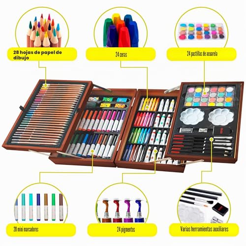 KINSPORY Briefcase Paints for Children, 139 Pieces Drawing Games, Watercolor Pencils with Wooden Box (Brown)