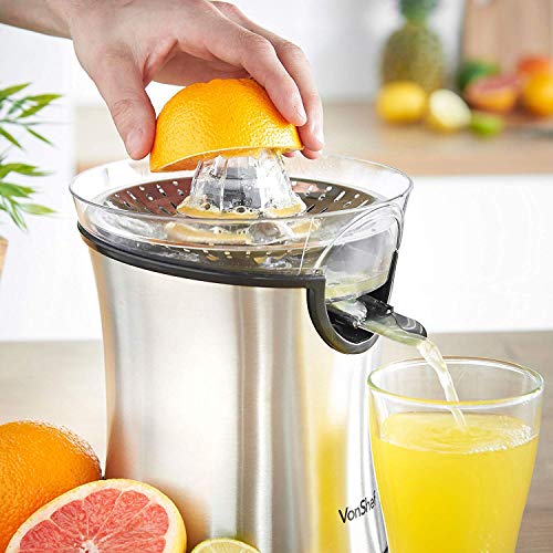 VonShef 220 240 Volt Citrus Fruit Juicer Machine 100W for Orange, Lemon, Lime Juice - Electric with Interchangeable Cone Attachments - Bundle With Dynastar Plug Adapter | (Not For USA)