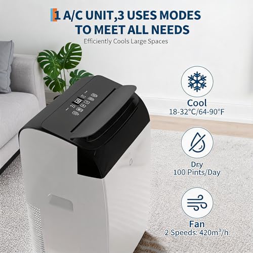 14,000 BTU 3-in-1 Portable Air Conditioner – Cools 750 sq. ft, Whisper-Quiet, No Professional Installation Needed