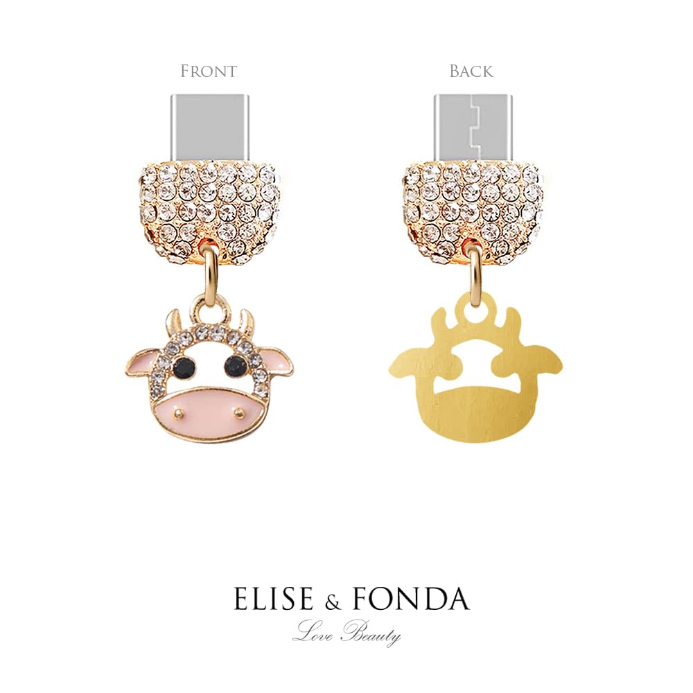 TP217 Type-C Charging Port Crystal Anti Dust Plug Tiny Cow Pendant Cell Phone Charm for Samsung Galaxy/OnePlus/Xiaomi/oppo Android Phone iPhone 15/16 (Pink)