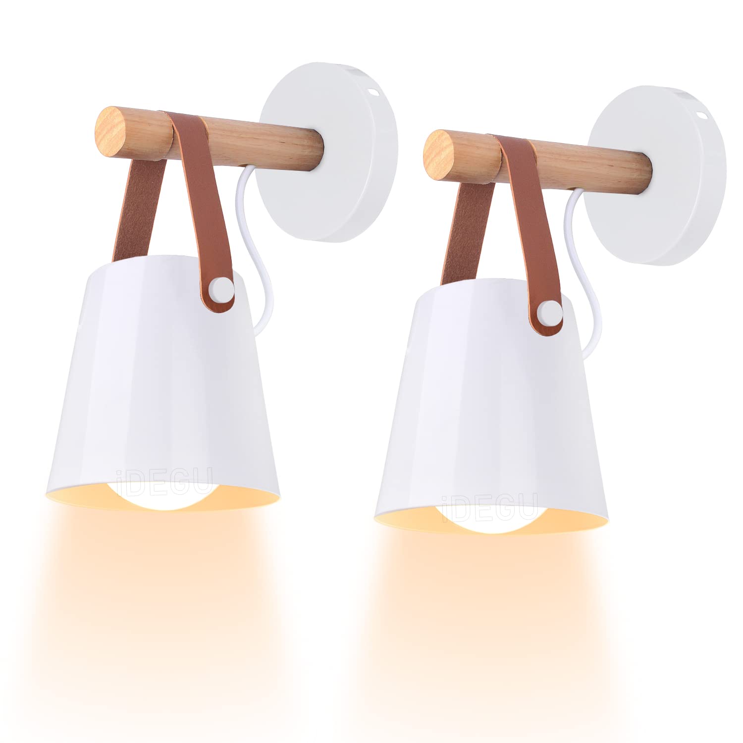 iDEGU Set of 2 Wall Lights Indoor Vintage Minimalist Modern Wall Lamp Metal Lampshade E27 Light Fixture with Wood Bracket for Bedroom Office Hallway (White)