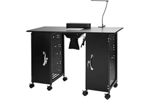 mefeir Manicure Table Nail Desk w/Electric Downdraft Vent,Iron Frame Beauty Spa Salon Workstation w/Wrist Rest,Lockable Cabinets,Casters & Clip-On LED Lamp,Black(43.3''L x 16.9''W x 29.5''H)