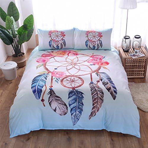 Meeting Story Tribal Duvet Cover Set Skull Horns Feathers Boho Chic Bedding Set (King, Fresh Windbell)