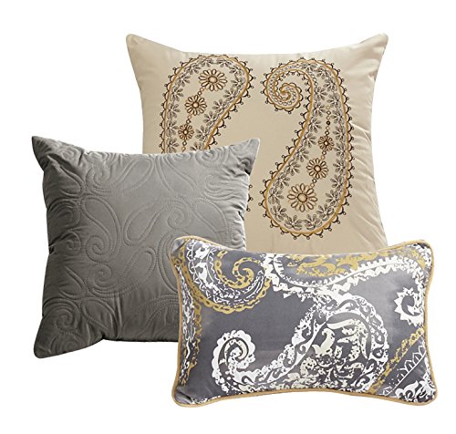 WPM 7 Piece Bedding set, Grey, Beige, Taupe Comforter with Accent pillows Bed in a Bag Paisley (Queen)