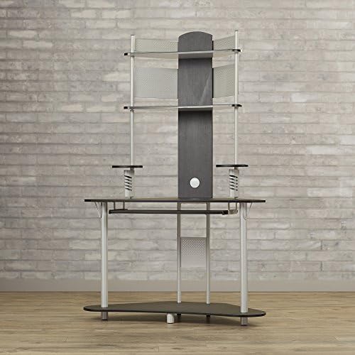Modern Computer Desk With Hutch - PC Or Laptop Storage Tower With Sliding Keyboard Tray For Home or Office - Beautiful Design With Speaker Stands And CD Storage - Quality Materials - Black And Silver