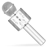 Calie Wireless Karaoke Microphone with Bluetooth Speaker for iPhone Android Smartphone, Portable Handheld Microphone for Singing Recording Interviews Home KTV Party (silver)
