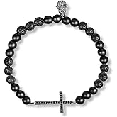 KARMA AND LUCK - Rooted Faith - Men's Real Matte Onyx Lava Stone Cross Charm Stretch Beaded Bracelet with Elegant Hamsa Amulet to Protect You Handmade in the Far East