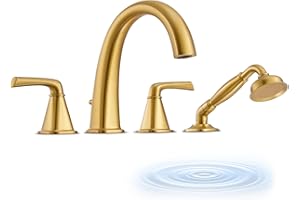 JABBOL High Flow Roman Tub Faucet with Hand Shower, Brushed Gold Deck Mount Bathtub Faucet 4 Hole with Valve, Solid Brass 2-Handle Widespread Bathtub Faucets with Hot & Cold Supply Lines 8808BG JB-1