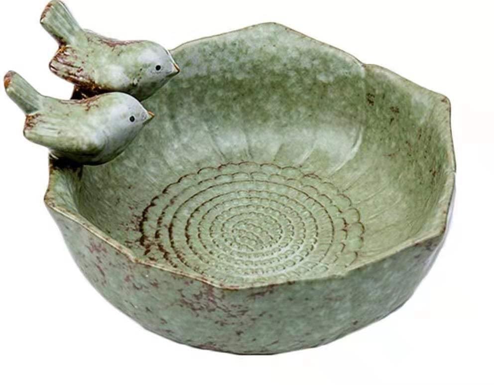 Beihaoer Celadon Winterproof Round Ceramic Bird Bath Glazed with 2 Decorative Birds Succulent Flower Pots,Home Fruit Plates,Handicrafts,Ornaments,Hydroponics