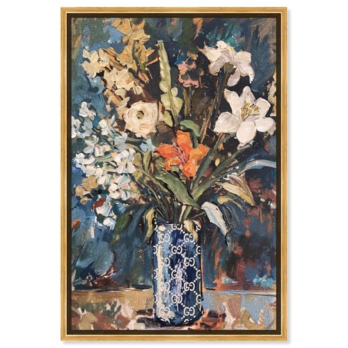 Art Remedy Blue Floral Vase Canvas Floral Vase Wall Art, Gold Frame, 16" x 24"