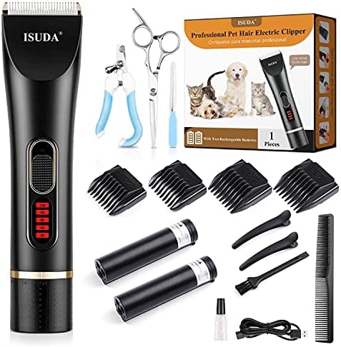 ISUDA Professional Dog Grooming Kit, Heavy Duty Dog Clippers Cordless with 2 Rechargeable Batteries, Low Noise Power Adjustable Dog Grooming Clippers with Upgraded Blades for Pet Cat Dog Grooming