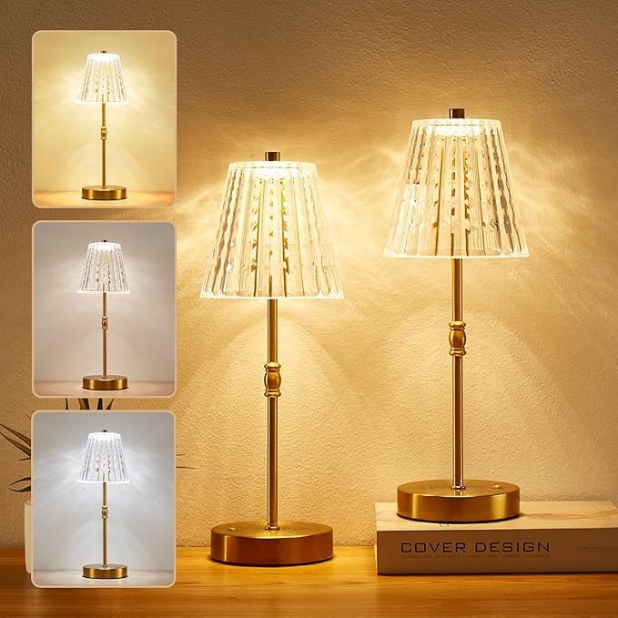 Photo 1 of SAIWEYA Cordless Table Lamp, 5000mAh Rechargeable Battery Operated Portable Lamp, Dimmable+3 Colors LED Touch Control, Vintage Crystal Lamp for Bedroom, Kitchen, Bar, Office
