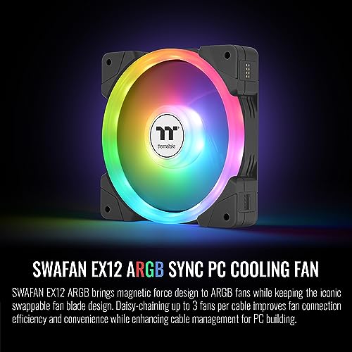 Thermaltake SWAFAN EX 12 ARGB PC Cooling Fan, 3-Fan pcak, 500~2000 RPM, Magnetic Connection, Reversable Blades, sync with MB RGB Software, CL-F167-PL12SW-A, 120mm, Black