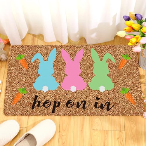 Photo 1 of Doormat Coir Welcome Door Mat Colorful Print Floral Decoration Flower Indoor Outdoor Entrance Non Slip Door Rugs for Summer Front Easy Clean Entryway 29.5 x 17.7 Inch(Bunny)