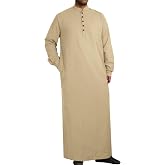 Jacansi Muslim Thobe for Men Kaftan with Pockets Button Down Long Gown Men's Arab Thobe Long Sleeve