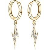 Reffeer Solid 925 Sterling Silver Lightning Bolt Drop Hoop Earrings for Women Teen Girls CZ Lightning Bolt Hoop Earrings Huggie