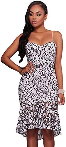Lucklovell Women Sexy White Black Embroidery Lace Mermaid Midi Party Dress ((US 8-10)M, White/Black)