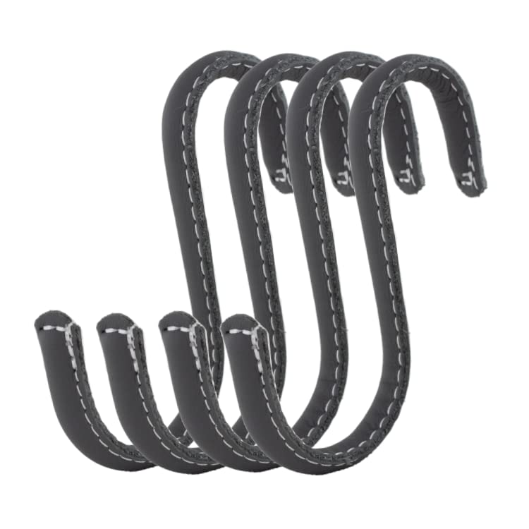 Brute Strength - S Shaped Hooks Wrapped in Full Grain Leather - 4 pcs - Grey - 10 cm Stainless Steel Metal Hangers Hanging Hooks for Kitchen, Work Shop, Bathroom