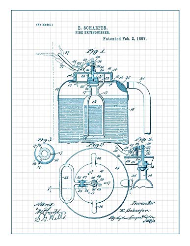 Fire Extinguisher Patent Print Art Poster Blue Grid (8" x 10") M12654