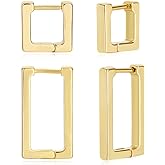 2 Pairs 14K Gold Plated Minimalist Hoop Earrings Small Dainty Geometric Square and Rectangle Huggies Hoops for Girls Women Gift, gold, silver and black