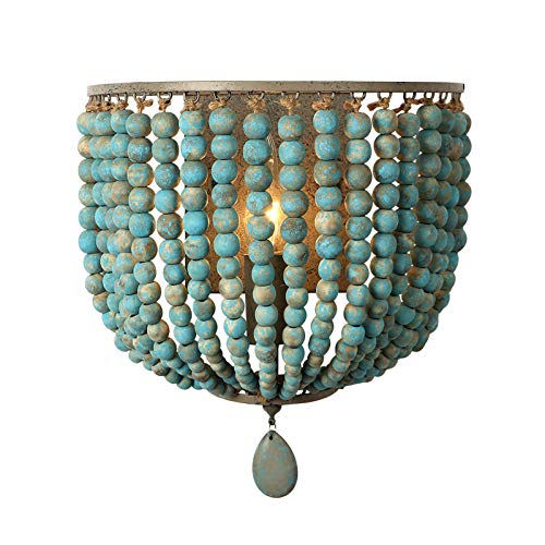 Newrays Wooden Beads Wall Lamp Sconces with Grey Blue Finish Boho Vintage Retro Hardwired for Bedroom Accessories | Antique Retro Hardwired for Bedroom Accessories