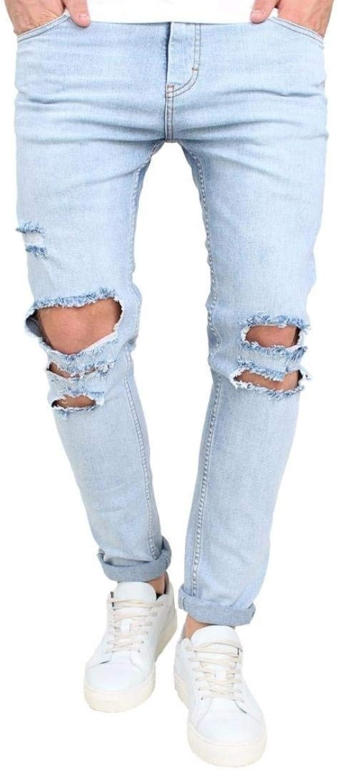 Jeans Slim Fit Strappati Per Uomo In Denim Stretch, Con Ricamo E Design Patchwork Y2K, Chiusura Con Zip E Bottone, Taglie Dalla XS Alla 6XL