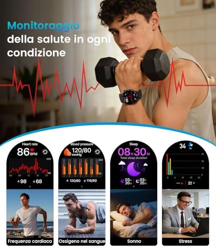 Smartwatch Uomo Militare, 800 mAh, Touchscreen HD 1.7", Luce LED, Funzione Telefono, Monitoraggio Cardiaco/Sonno, IP68, 110+ Modalità Sportive, Compatibile Android/iOS