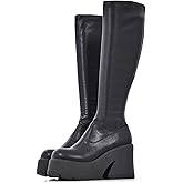 Atsroel Knee High Boots Women Black Boots For Women Platform Chunky Heel Elastic Combat Boots Women Round Toe Fashion Motorcycle Punk Goth Boots