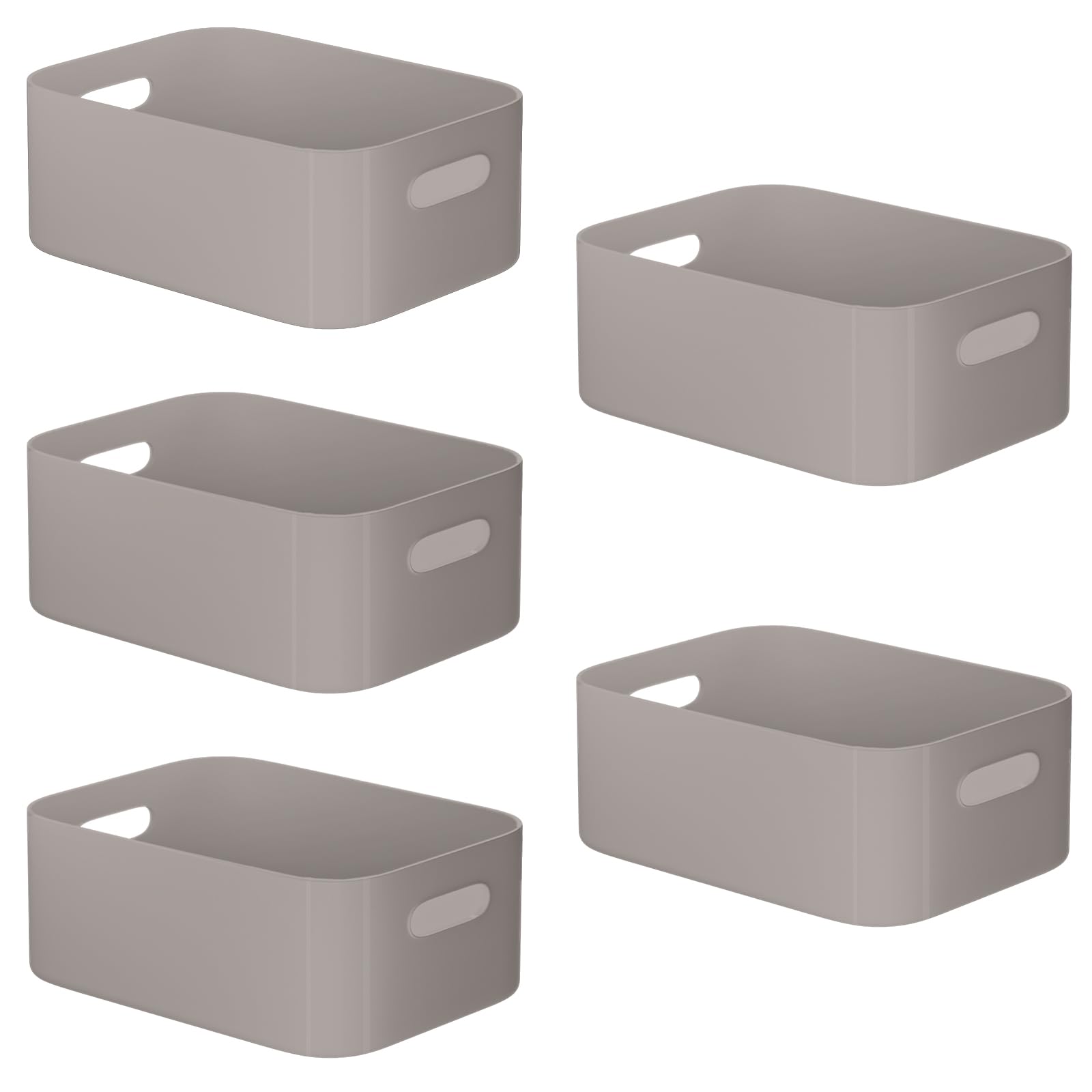 W&H 5 PCS Grey Plastic Storage Baskets with Handle, Medium Kitchen Cupboard Organiser Box, Under Sink Storage Boxes, Plastic Boxes for Bathroom, Kitchen and Office Storage-24.3×17×10cm