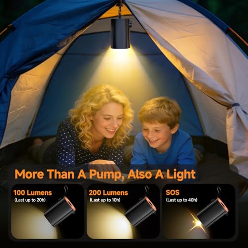 Electric Air Pump, 4000 mAh Battery Air Pump with LED Lighting/Hanging Hook/4 Air Nozzles, 5 kPa, 360 l/min for Air Mattress/Sleeping Mat/Inflatable Sofa/Paddling Pool/Pool/Vacuum Bag/Camping